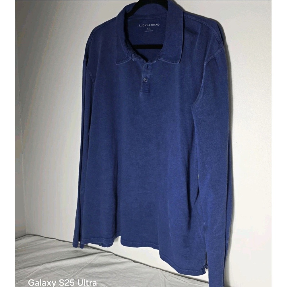 Lucky Brand Mens Long Sleeve Polo Shirt Blue 2XL Big & Tall 100% Cotton Solid